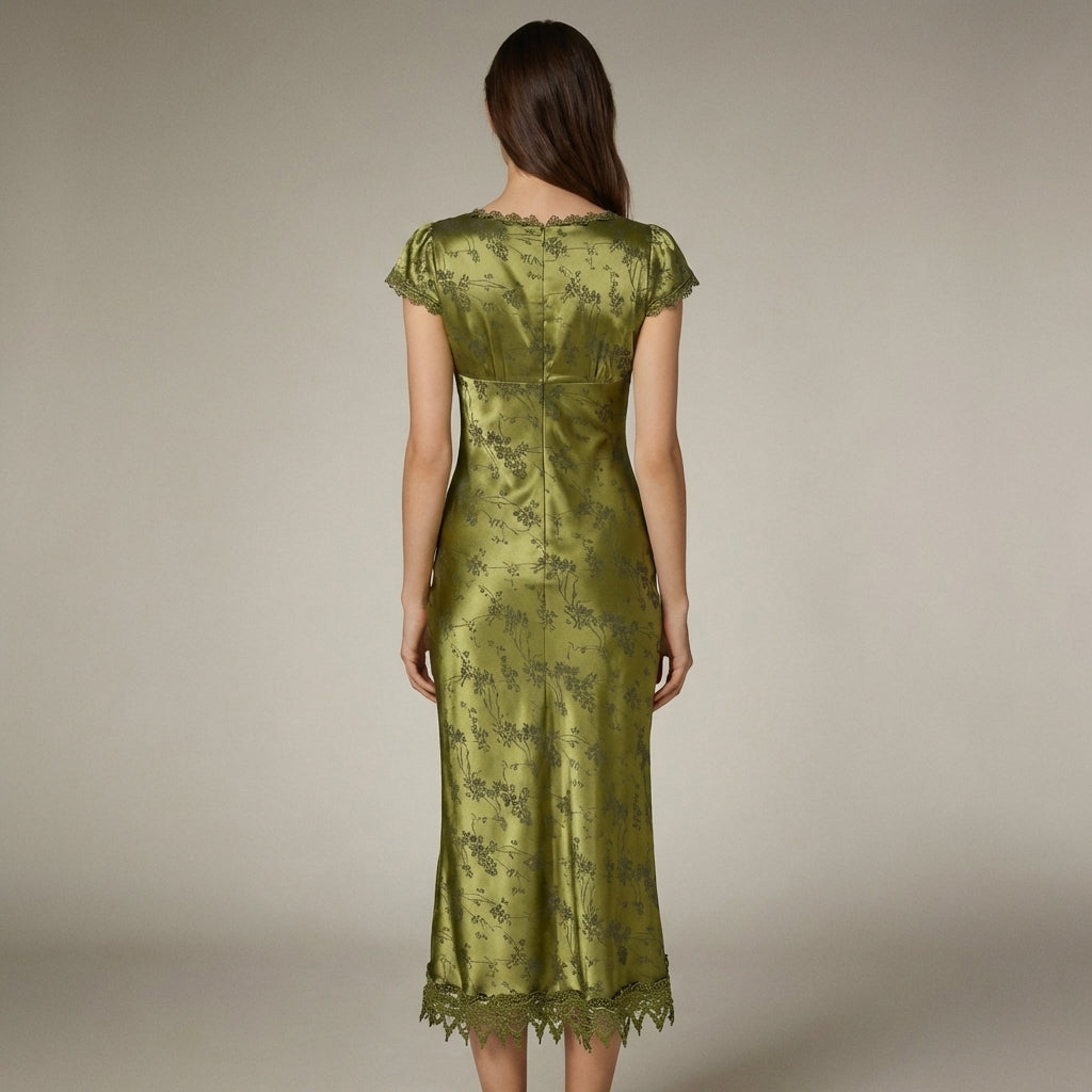 Women's Satin Floral Jacquard Scalloped Lace Trim Short Sleeve Midi Dress