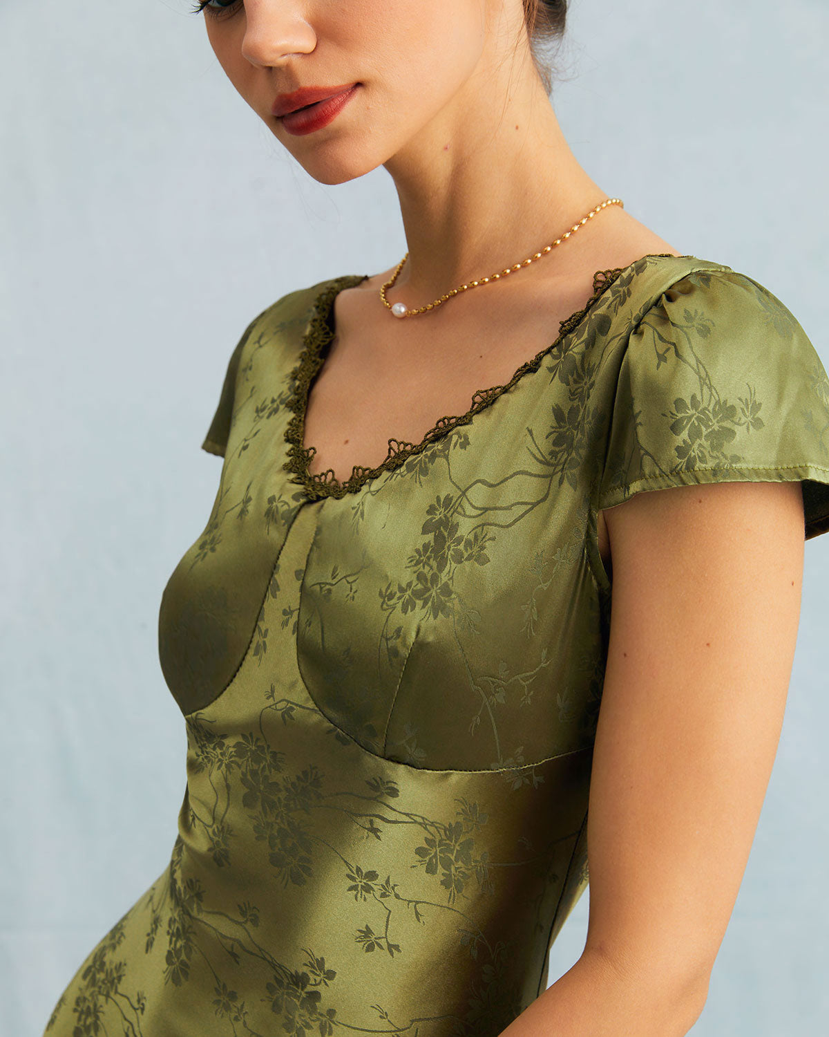 Women's Satin Floral Jacquard Scalloped Lace Trim Short Sleeve Midi Dress