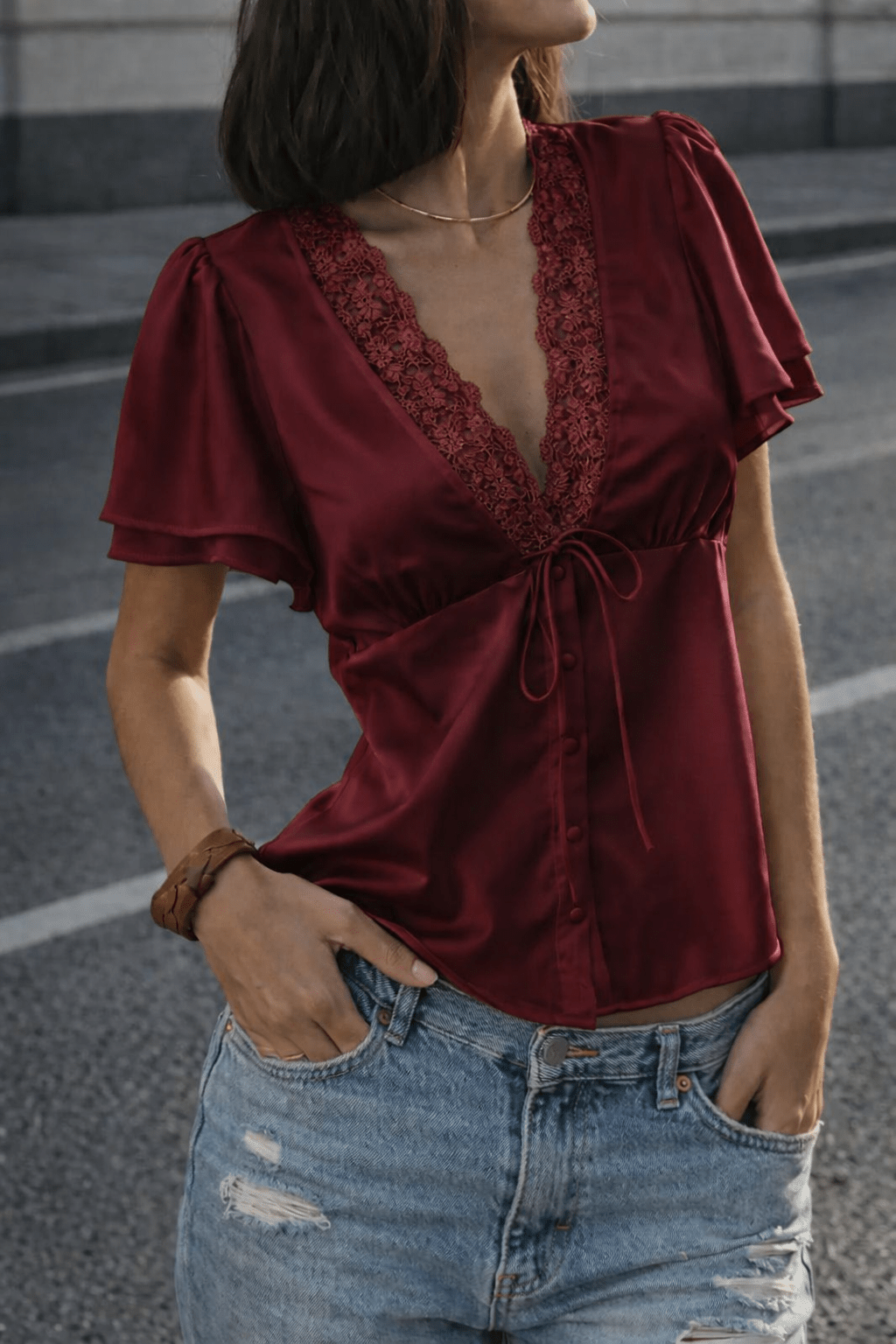 Teresa - Camicetta da donna effetto seta con morbido drappeggio