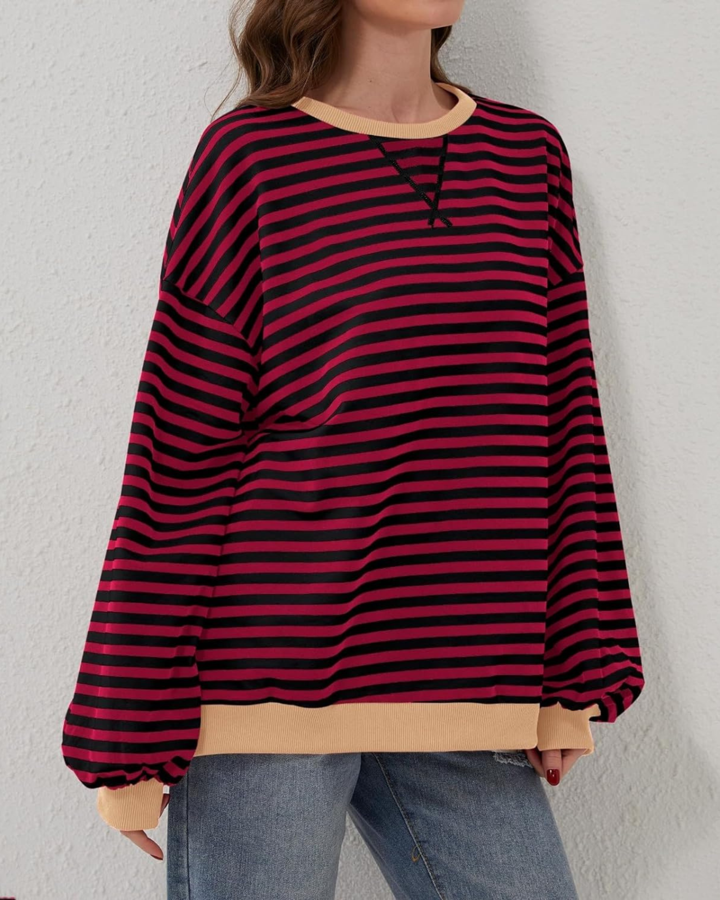 Mabelle - Women's Relaxed Pullover in Striped Long Sleeve - photo 8