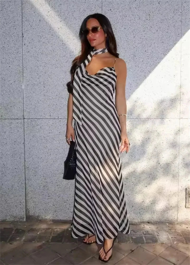 Tracy - Women's Striped Maxi Dress with Matching Scarf