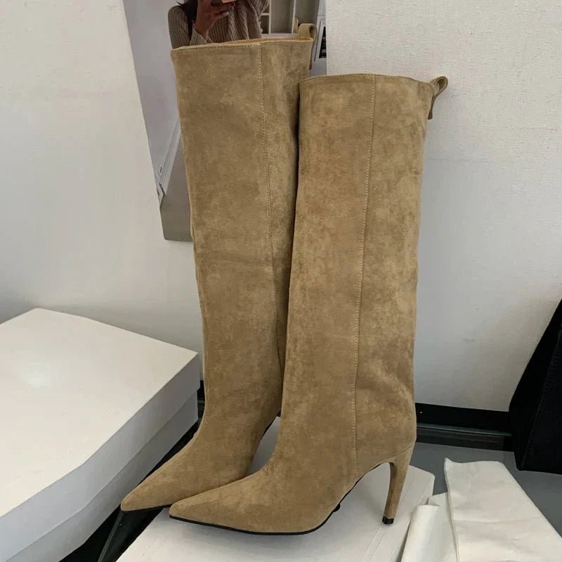 Debbie - Botas altas de ante para mujer, hasta la rodilla, con punta fina