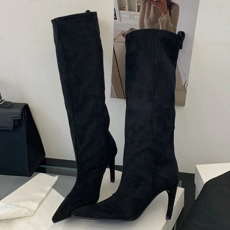 Debbie - Botas altas de ante para mujer, hasta la rodilla, con punta fina