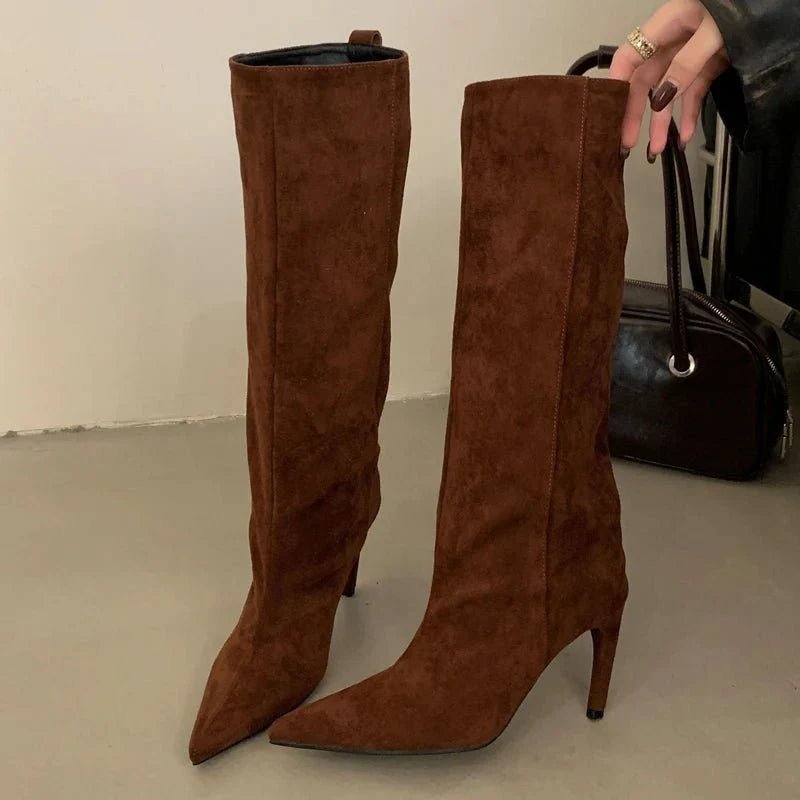 Debbie - Botas altas de ante para mujer, hasta la rodilla, con punta fina