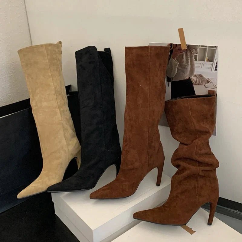 Debbie - Botas altas de ante para mujer, hasta la rodilla, con punta fina