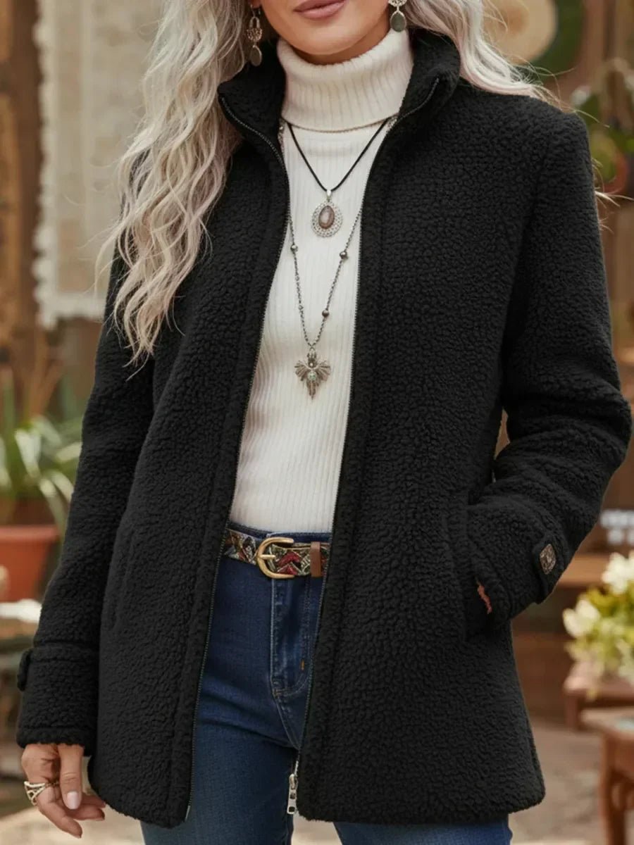 Margaret - Abrigo de teddy para mujer con cremallera frontal y cuello alto