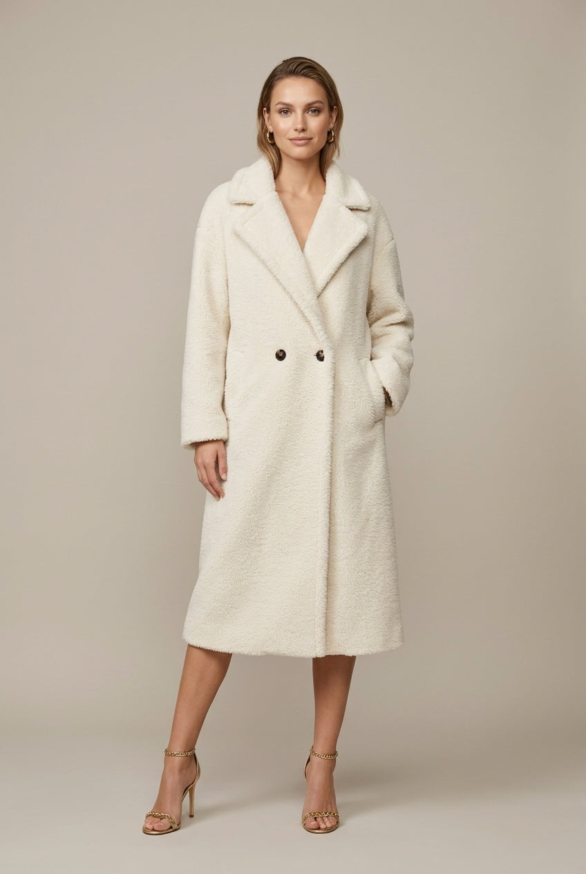 Women's Teddy Fleece Longline Coat with Notch Lapel