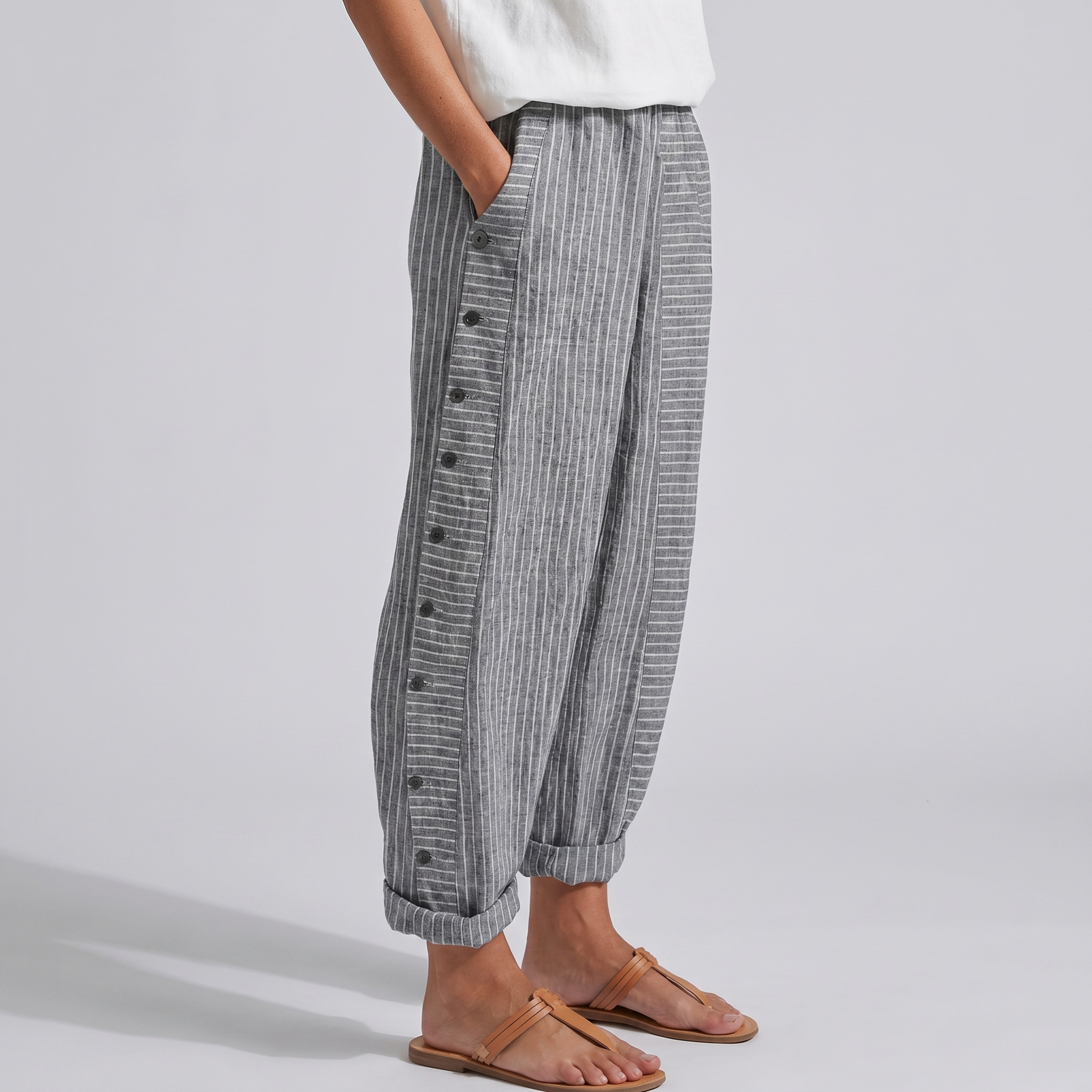 Women's Trousers | Stripe Panel Button Detail