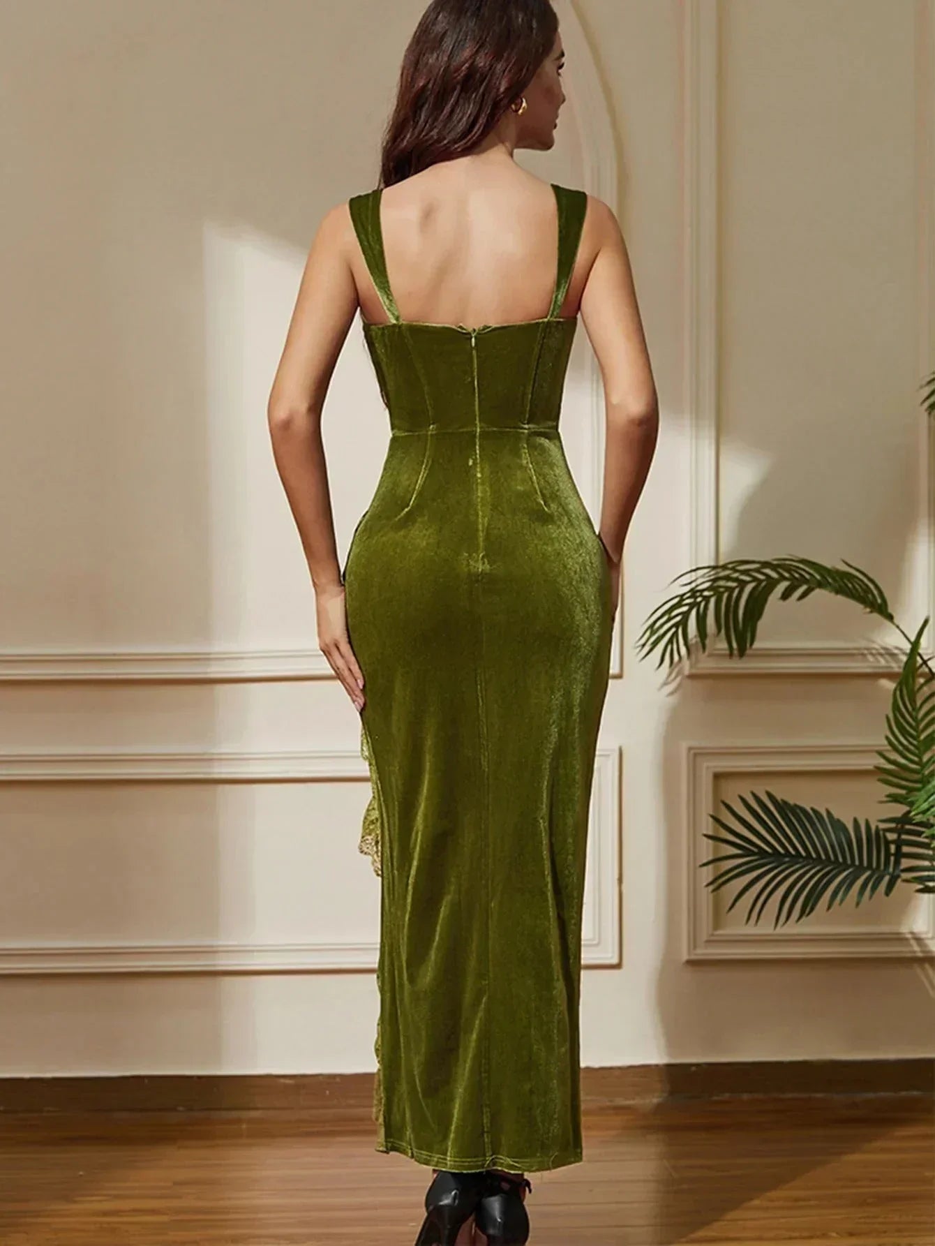 Whitney - Women's Velvet Midi Dress with Front Slit