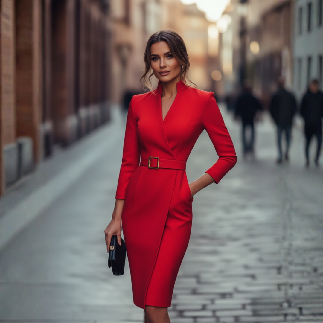 Hilary – Robe midi portefeuille pour femme avec ceinture et manches longues