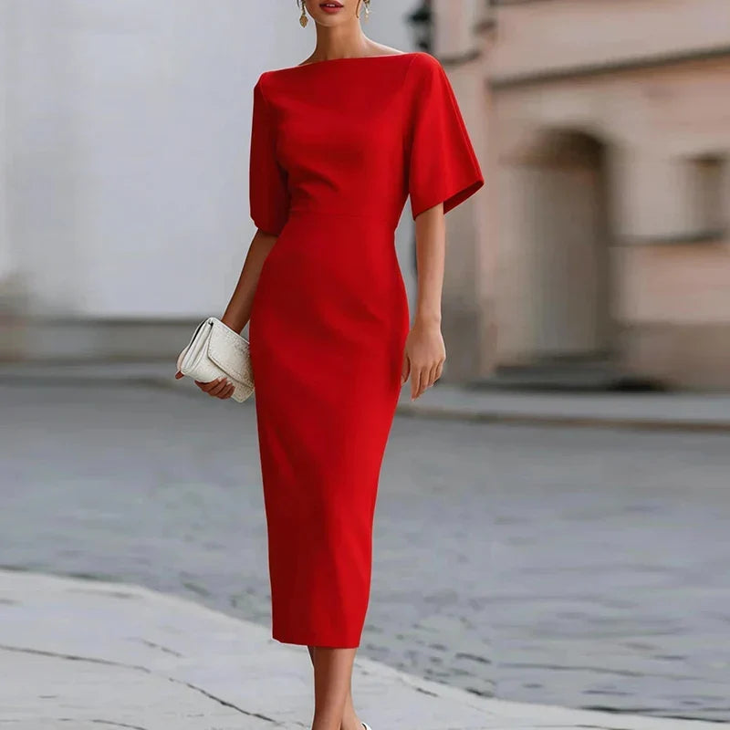 Zadie - Women's Fitted Midi Dress with Short Sleeves - photo 2