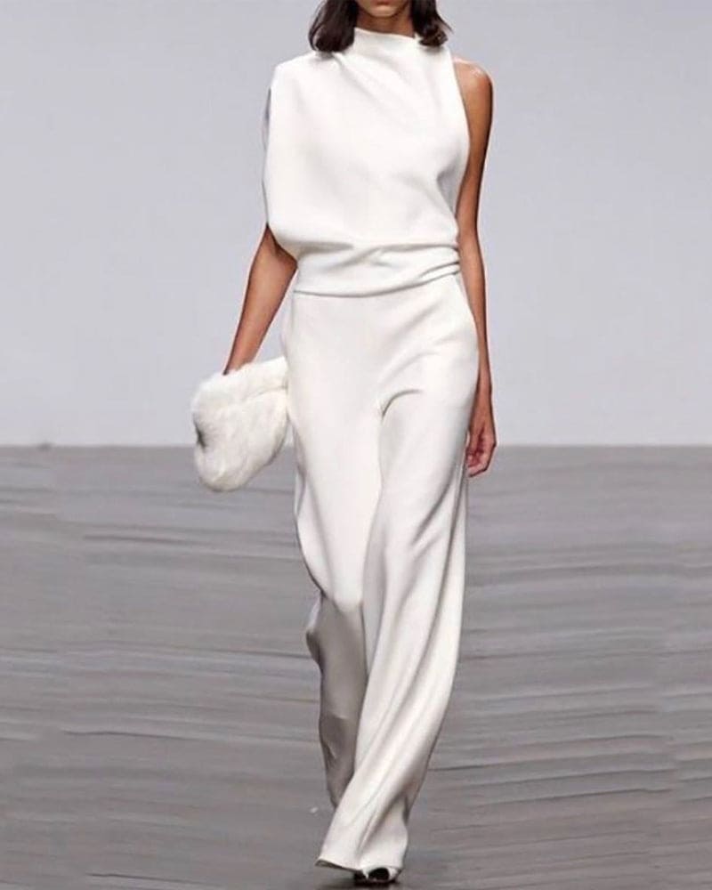 Cindy - Women's Asymmetric Wide Jumpsuit with No Sleeves