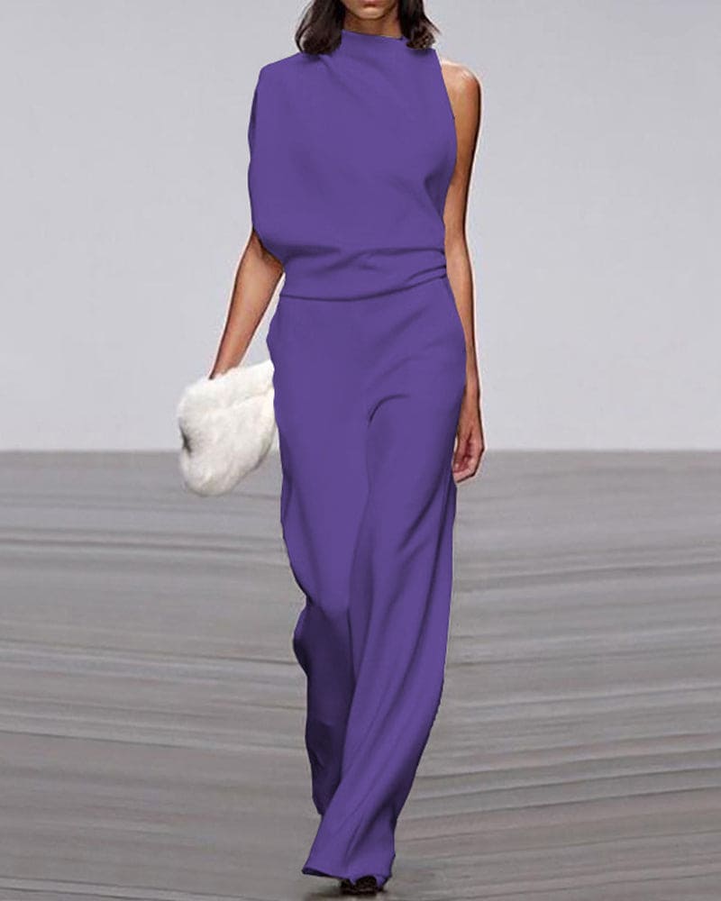 Cindy - Women's Asymmetric Wide Jumpsuit with No Sleeves