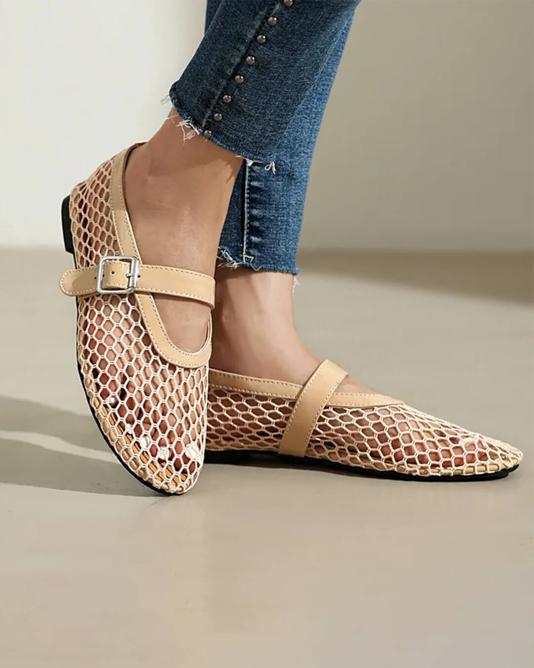 Ballerine in rete Celeste con cinturino e fibbia