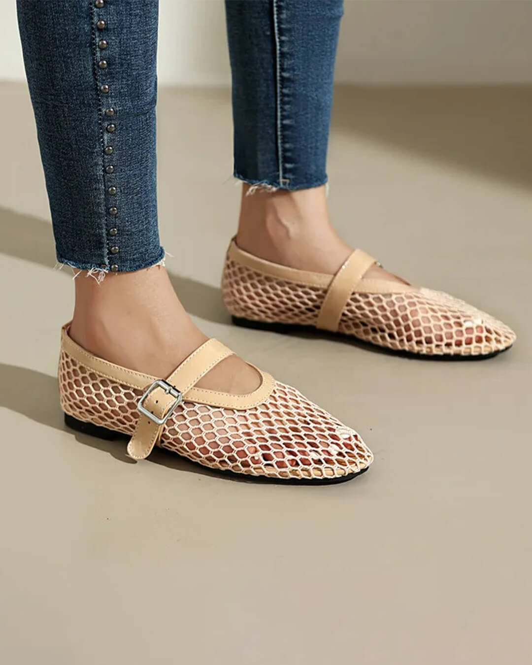 Ballerine in rete Celeste con cinturino e fibbia