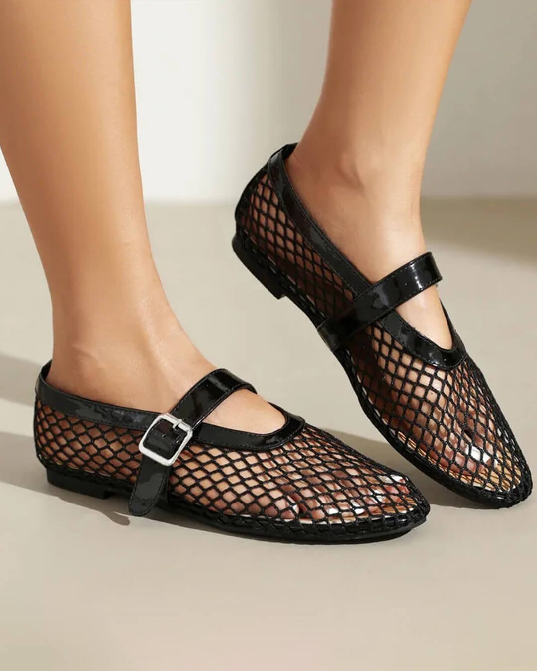 Celeste Buckled Mesh Ballet Flats in Black